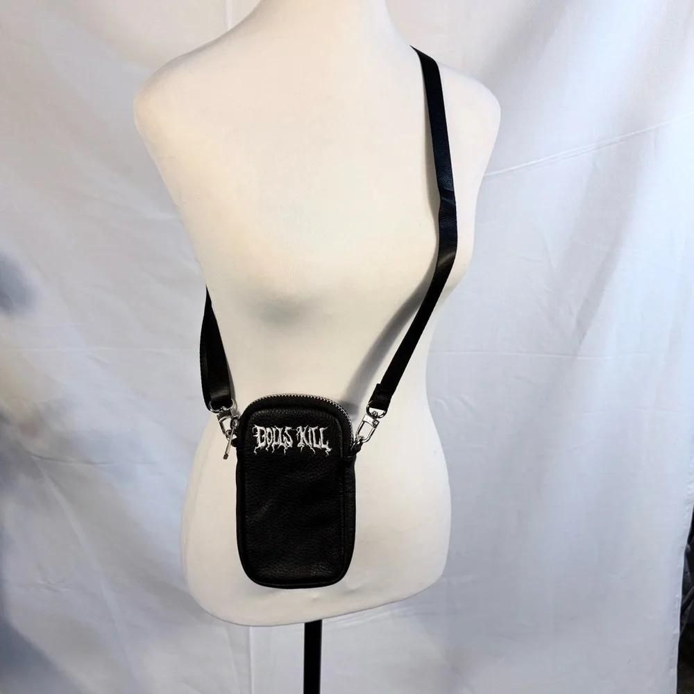 NWT Dolls Kill Black Faux Leather Logo 7” Phone Crossbody Bag NEW💚